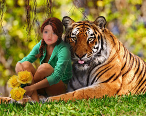 Magnifico fotomontaje con una chica abrazada por un tigre